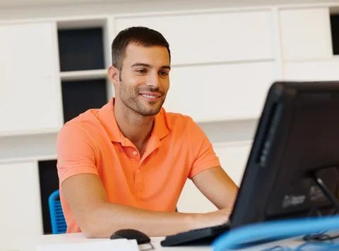 Business man, computer and work from home for online planning, virtual and Stockfoto's