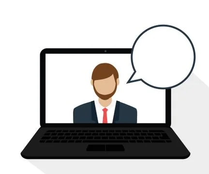 Business man in computer display with speech bubble online support Stock Illustration