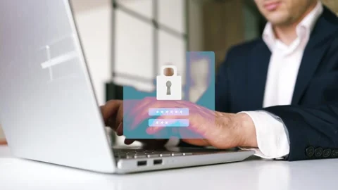 Business man computer hand typing keyboard futuristic VPN cyber security Video stock 279136249