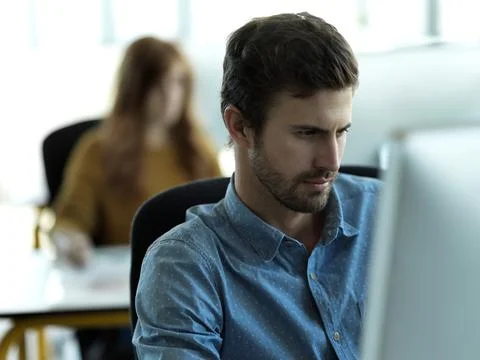 Business man, computer work and concentrating on web designer planning a website Stock Photos