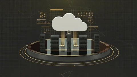 Business man controlling cloud computer in large server room with UI. 4k. Stock Footage 157001026