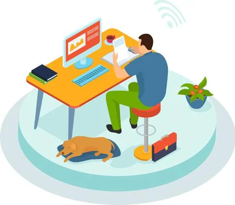 Business man at desktop with computer reading document. Freelancer works Illustrazione stock