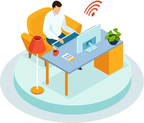 Business man at desktop with computer typing on keyboard. Freelancer works at Stock Illustration