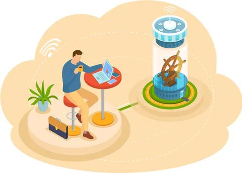 Business man at desktop with computer typing on keyboard. Freelancer works at Stock Illustration