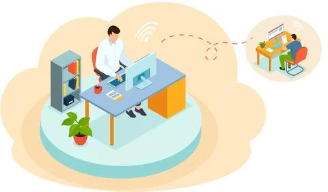 Business man at desktop with computer typing on keyboard communicating remotely Stock Illustration