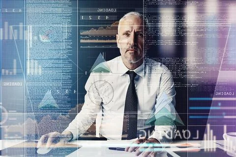 Business man, developer and overlay with code, reading and programming with user Stockfoto's