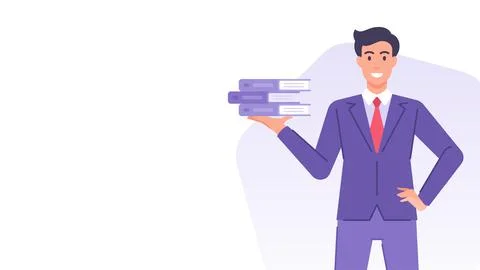 Business man with document folder stack archive paperwork banner design templ Stock Illustration