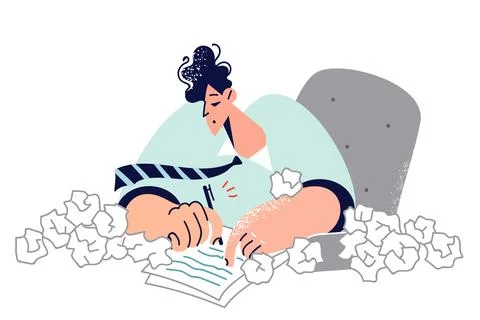 Business man is doing paperwork and writing speech, sitting at desk, with many Stock Illustration