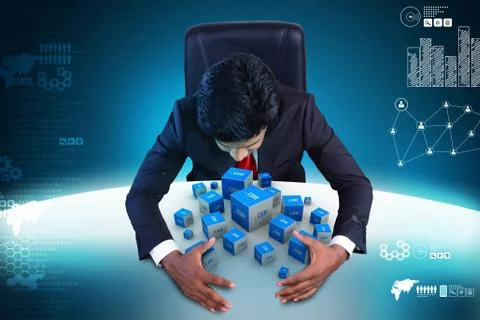 Business man with dot com domain in cubes Stock Illustration