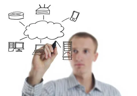 Business man draw cloud computing chart business man draw cloud computing ... Stock Photos