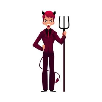 Business man dressed as devil, having horns, tail and trident Stock Illustration