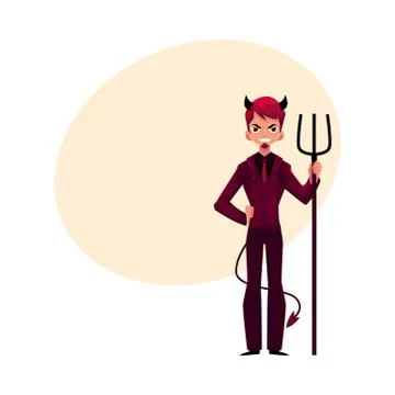 Business man dressed as devil, having horns, tail and trident Stock Illustration