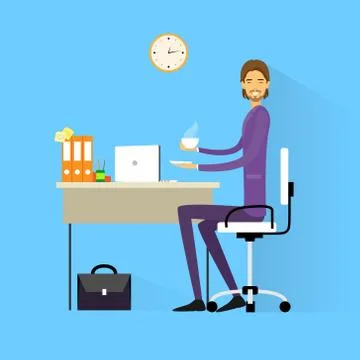 Business man drink coffee sitting at desk in office working laptop computer Stock Illustration