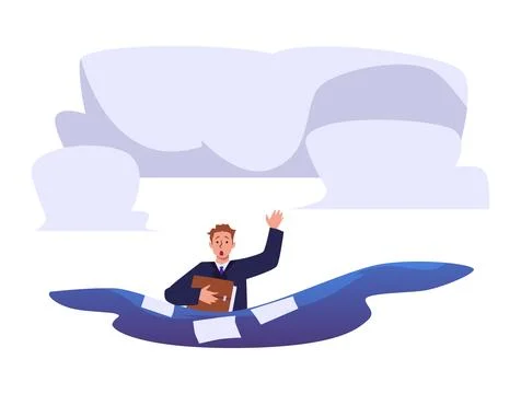 Business man drowning holding documents in handsasking for help, mistake and Stock Illustration