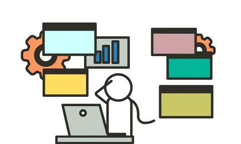 Business man employee analytics data vector advice workshop illustration. Off Illustrazione stock