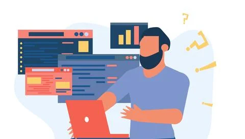 Business man employee analytics data vector advice workshop illustration. O.. Illustrazione stock
