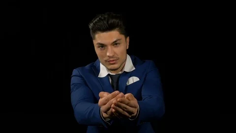 Business man with empty cup hands showing something Video stock 74677970