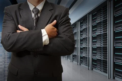 Business man engineer in data center server room Stock Illustration