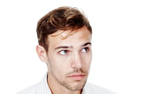 Business man, face and thinking of idea in studio for problem solving Foto stock