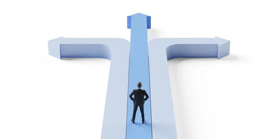 Business man facing multiple arrow paths into different directons, decision.. Stock Illustration