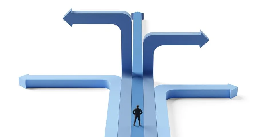 Business man facing multiple paths with arrows into different directons, de.. Stock Illustration