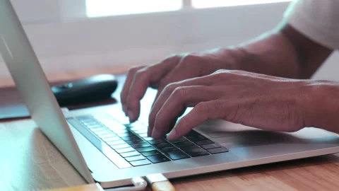 Business man finger typing on laptop sitting in cozy house work from home Stock Footage 164575813