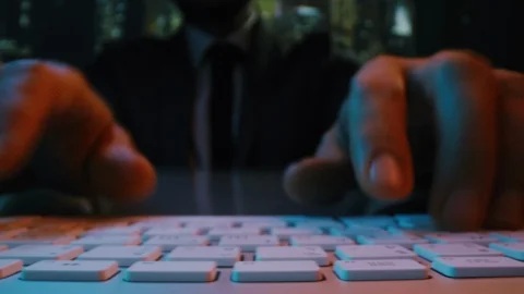 Business Man Fingers Coding On Computer Keyboard At Night Office Future And Stock Footage 121620042