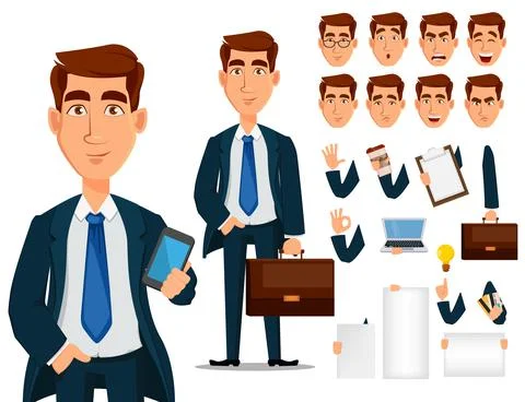 Business man in formal suit, cartoon character creation set. Stock Illustration