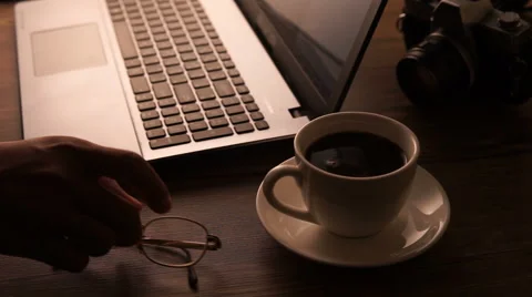 Business man Glasses working at the computer and coffee Stock Footage 63998007
