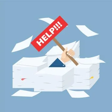 Business man hand with board help in stacks of paper documents, concept of ha Illustrazione stock