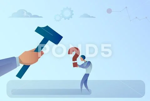 Business Man Hand Hitting Question Mark With Hammer Stock Illustration