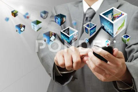Business man hand holding a touch pad computer and 3d streaming images Stock Illustration