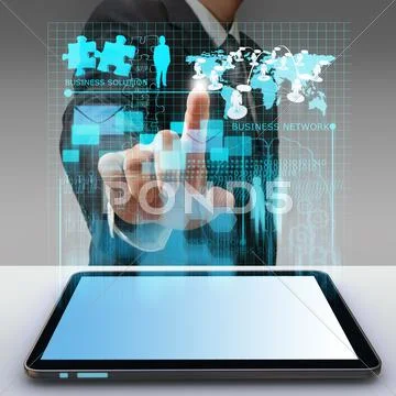 Business man hand point to virtual business network process diagram Stock Illustration