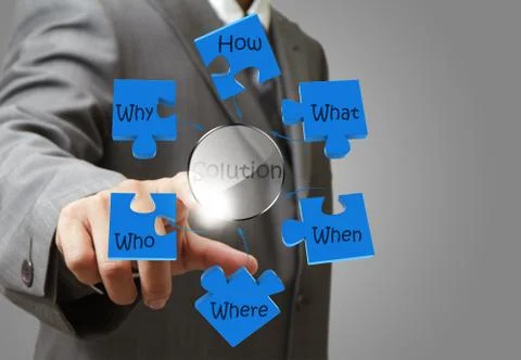 Business man hand pointing at solution solving problem diagram Stock Photos