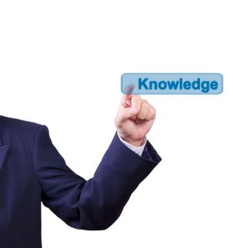 Business man hand pushing knowledge button isolated Stock Photos