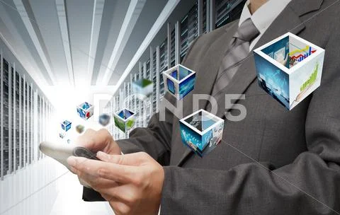 Business man hand touch tablet computer streaming images in server room Stock Illustration