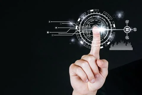 Business man hand touching virtual screen graphic diagram Stock Photos