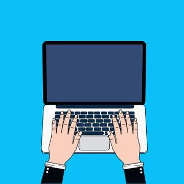 Business Man Hands Using Laptop Computer Typing Top View On Blue Background Thin Stock Illustration