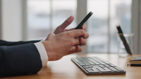 Business Man Hands Using Mobile Phone in Office Room at Work Side View 4k Stock Footage 165734669