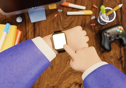 Business man hands using smart watches with desk table, computer and stationary Stock Illustration