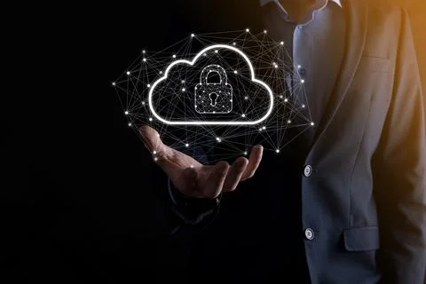 Business man hold,holding cloud computing data and security on global network Stock Photos