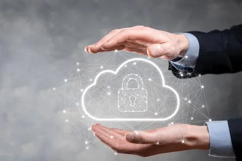 Business man hold,holding cloud computing data and security on global network Stock Photos
