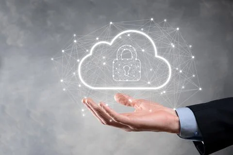 Business man hold,holding cloud computing data and security on global network Stock Photos