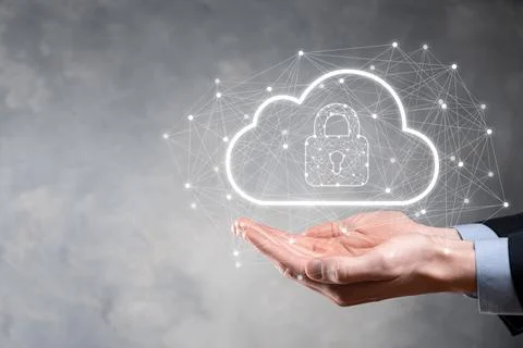 Business man hold,holding cloud computing data and security on global network Stockfoto's