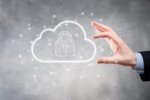 Business man hold,holding cloud computing data and security on global network Stock Photos
