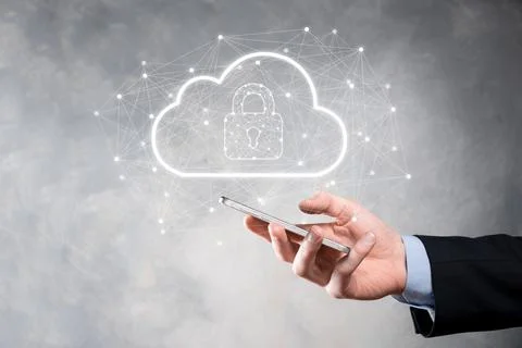 Business man hold,holding cloud computing data and security on global network Stock Photos