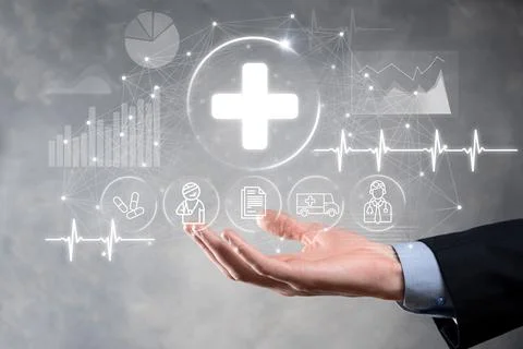 Business man hold,holding cloud computing data and security on global network Foto stock