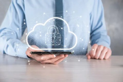 Business man hold,holding cloud computing data and security on global network Stockfoto's