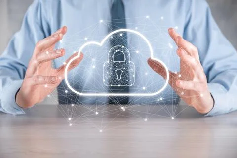 Business man hold,holding cloud computing data and security on global network Stockfoto's