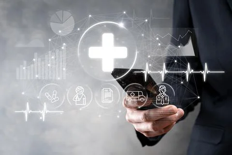 Business man hold,holding cloud computing data and security on global network Stock Photos
